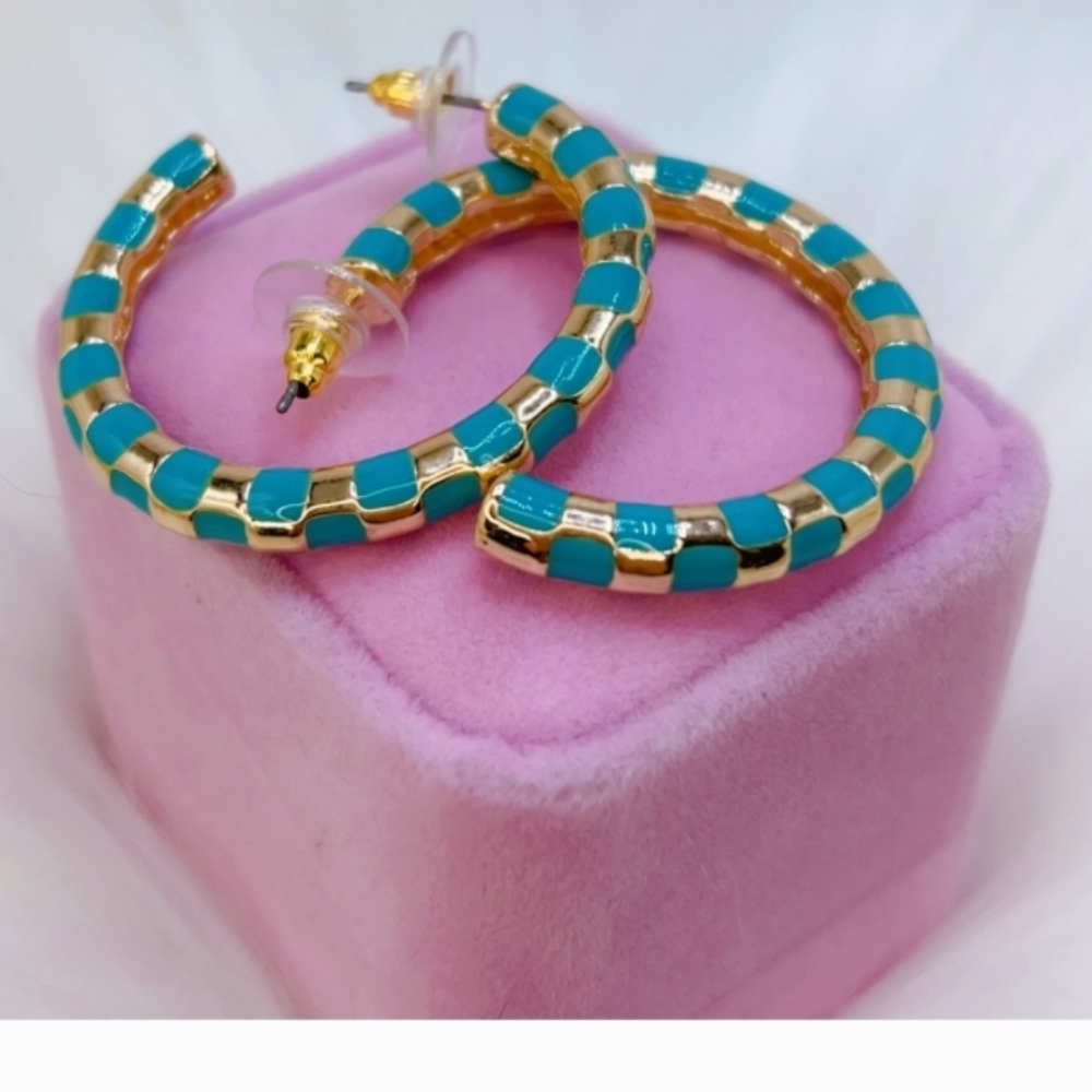 NWOT Gold Plated teal blue hoop PIERCED earrings - Picture 2 of 6